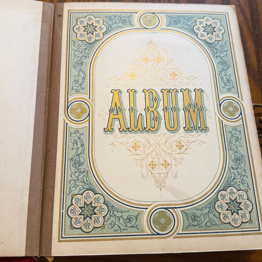 Antique photo album 1800s metal clasp full cabinet card‎ photos cloth cover